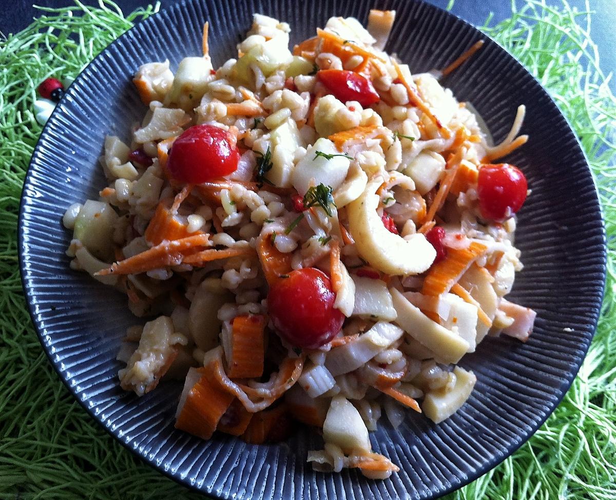 recette Salade aux coeurs de palmiers, blé, surimi et petits légumes