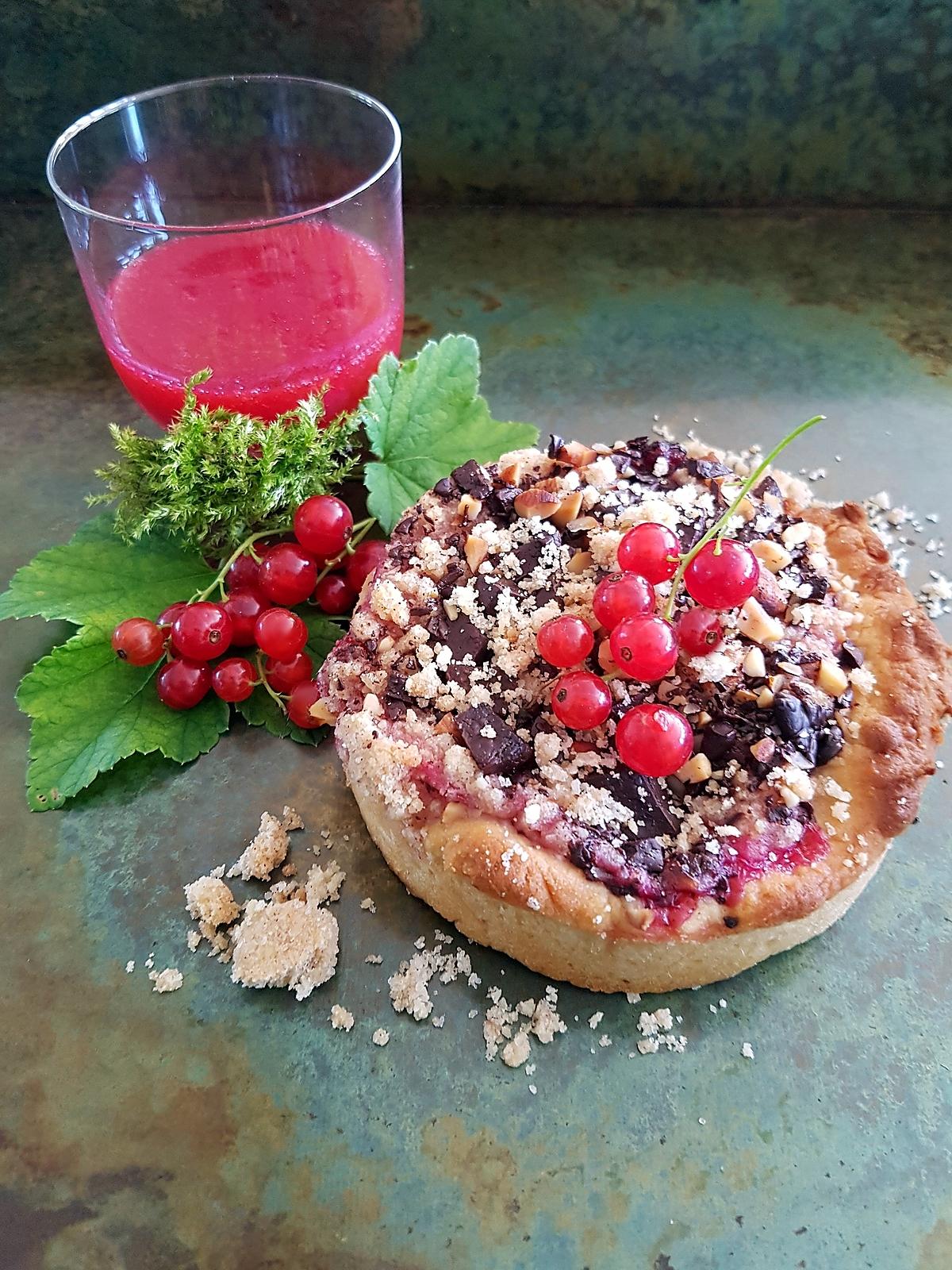 recette Streusel Chocolat-Amande et Coulis de Groseille