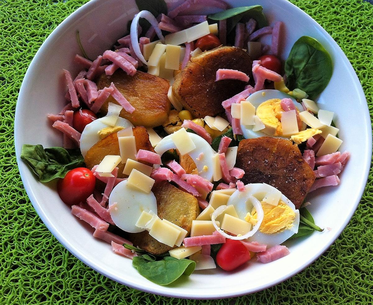 recette Salade fraîcheur aux pousses d'épinards,râpé de jambon et pommes sautées