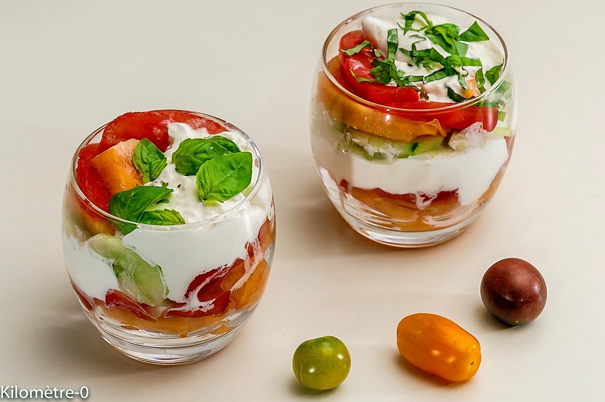 recette Verrines de tomate, melon, concombre et burrata