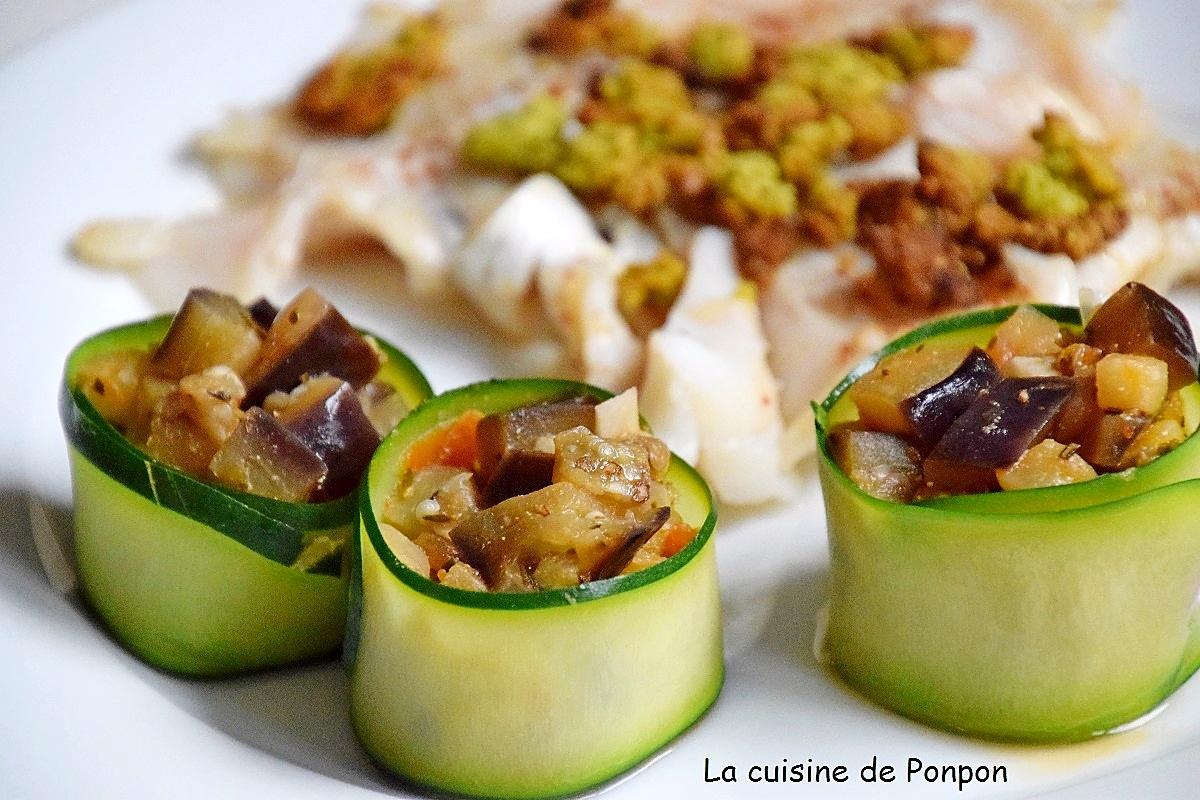 recette Fondue d'aubergine encerclée d'une fine tranche de courgette