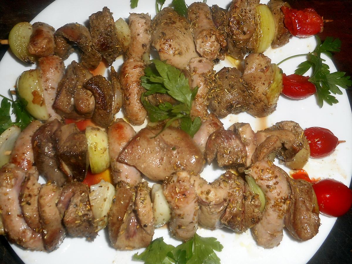 recette Brochettes de rognon de porc,foie de porc,chipolata