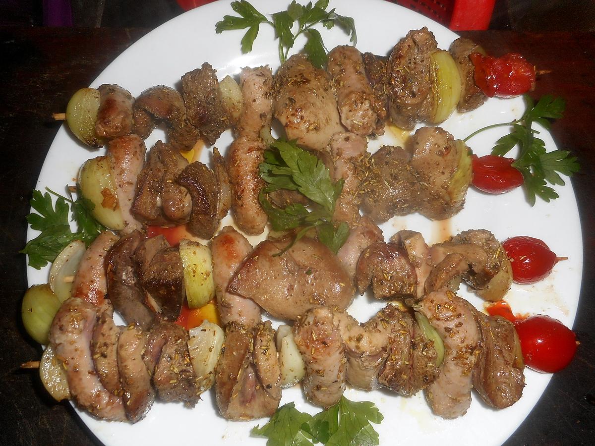 recette Brochettes de rognon de porc,foie de porc,chipolata