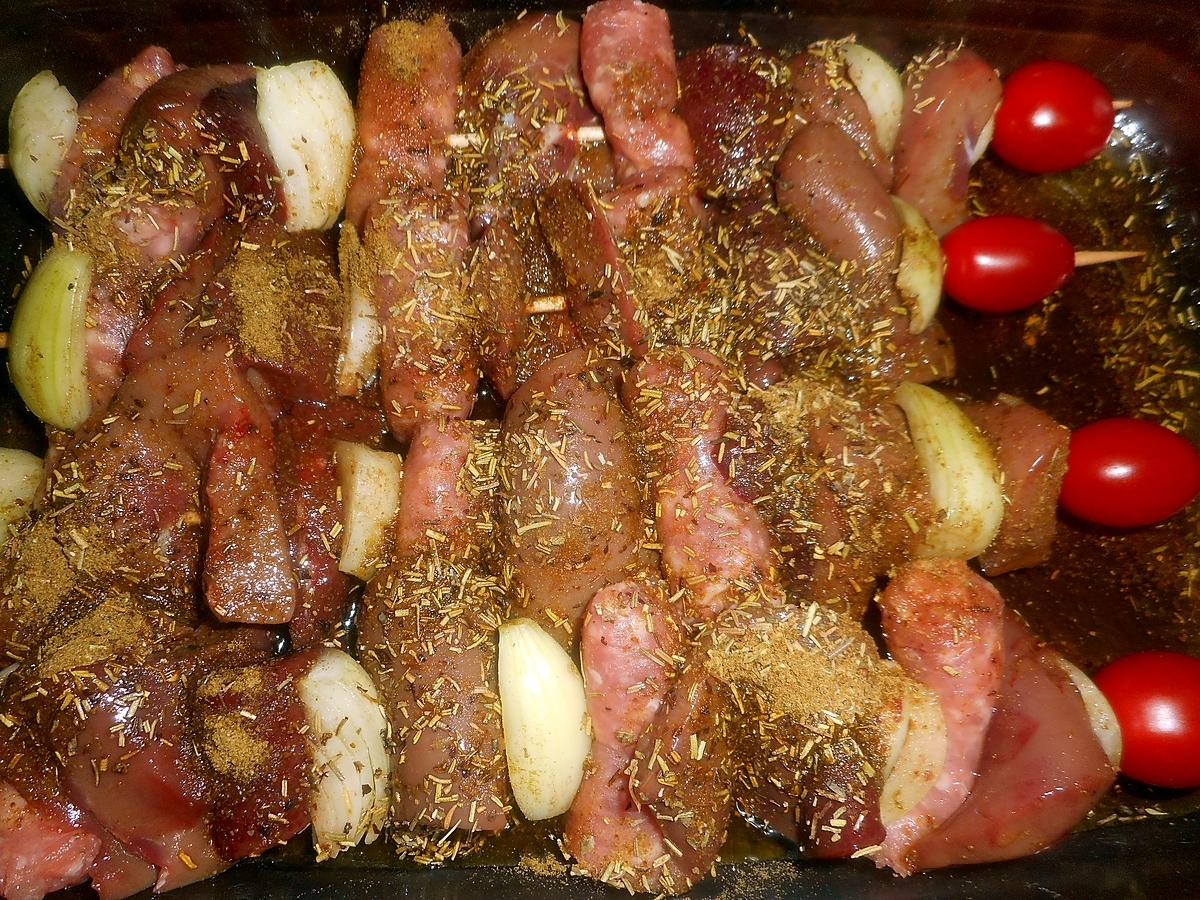 recette Brochettes de rognon de porc,foie de porc,chipolata