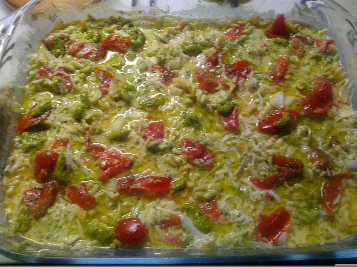 recette gratin tortis tricolore pesto vert, tomate