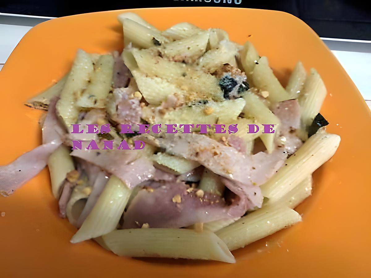 recette Penne rigate jambon fumé-basilic-cacahuètes