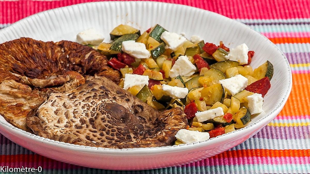 recette Coulemelles poêlées aux courgettes, chorizo et fêta