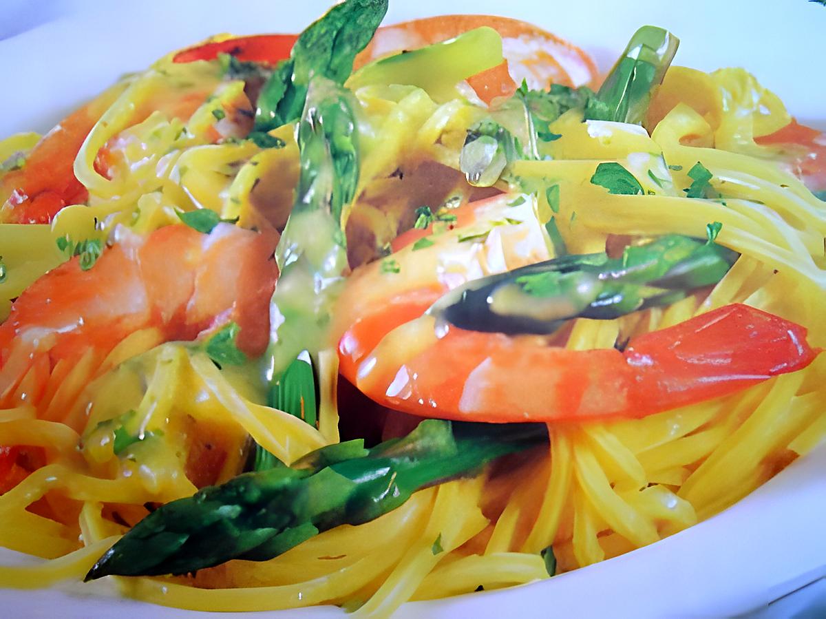 recette Spaghettis aux gambas et aux asperges