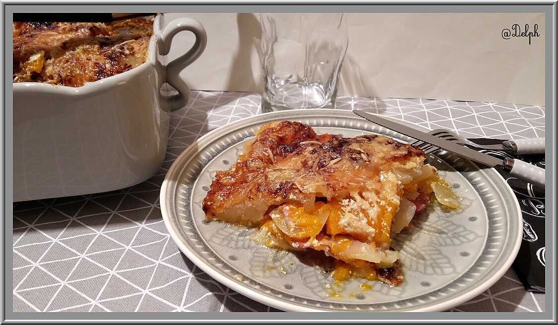 Gratin de Potiron, Pommes de terre, Bacon et Lardons