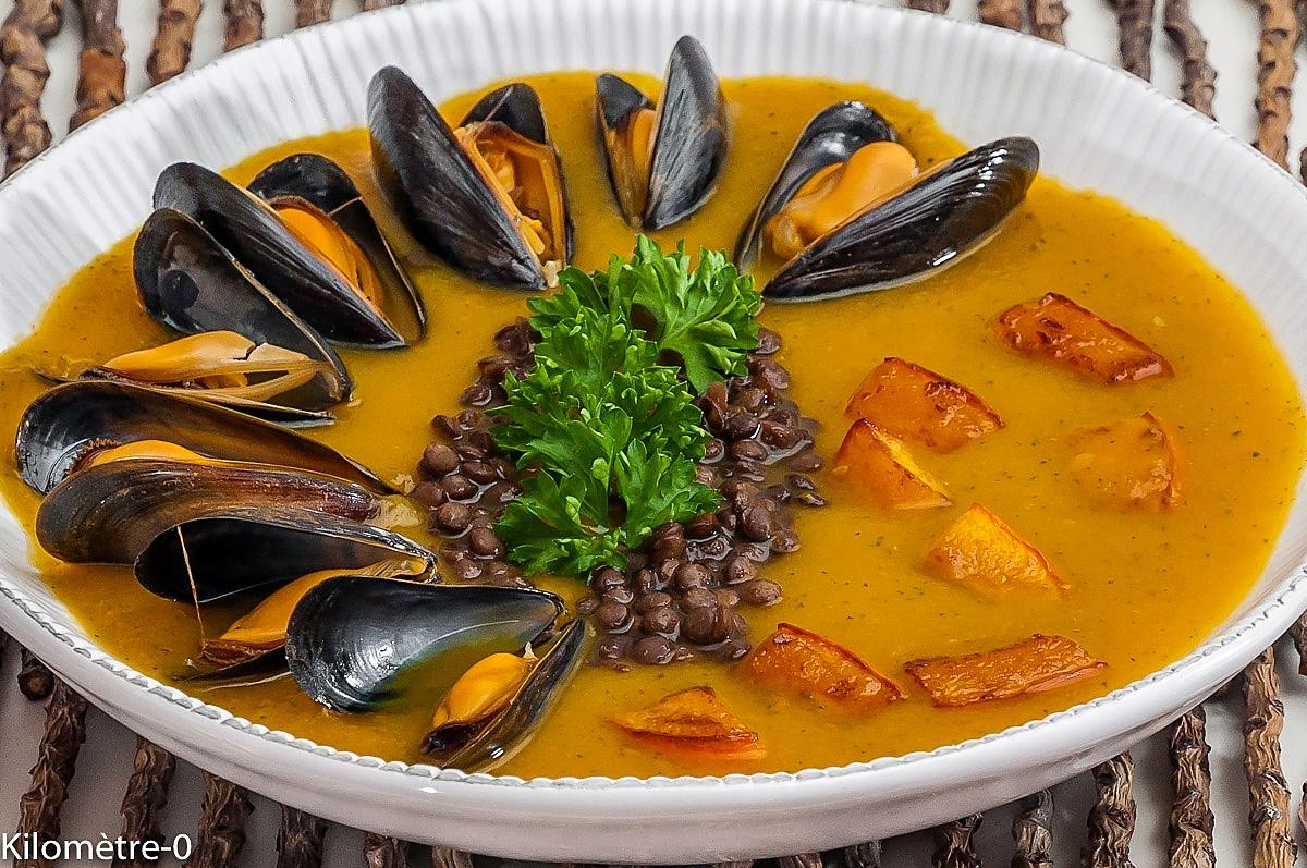 recette Soupe de potimarron aux lentilles et aux moules