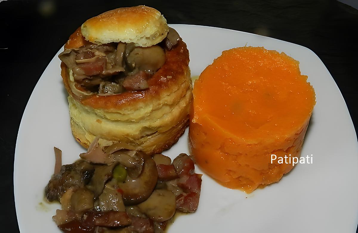 recette Vol au vent au pintadeau aux champignons des bois accompagné d'une purée de pomme de terre douce