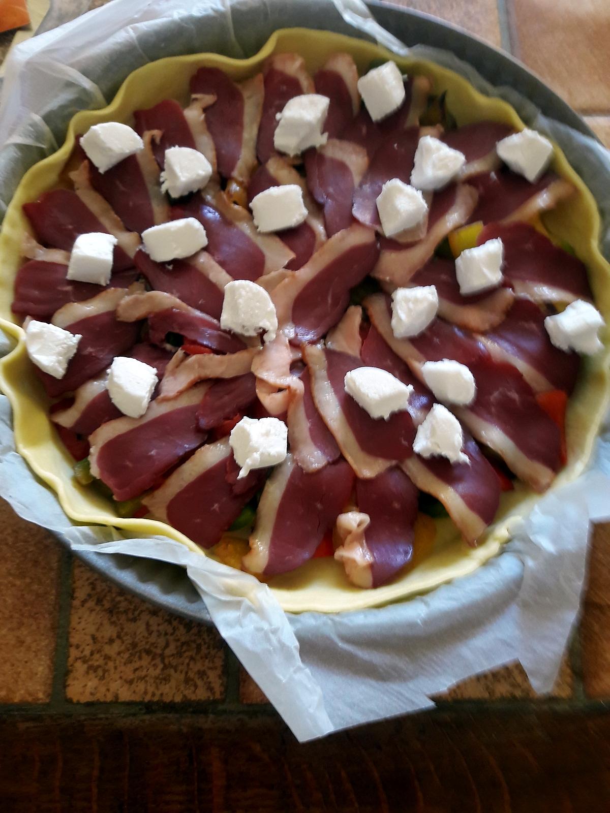 recette TARTE SALEE POIVRONS MAGRET DE CANARD CHEVRE MIEL