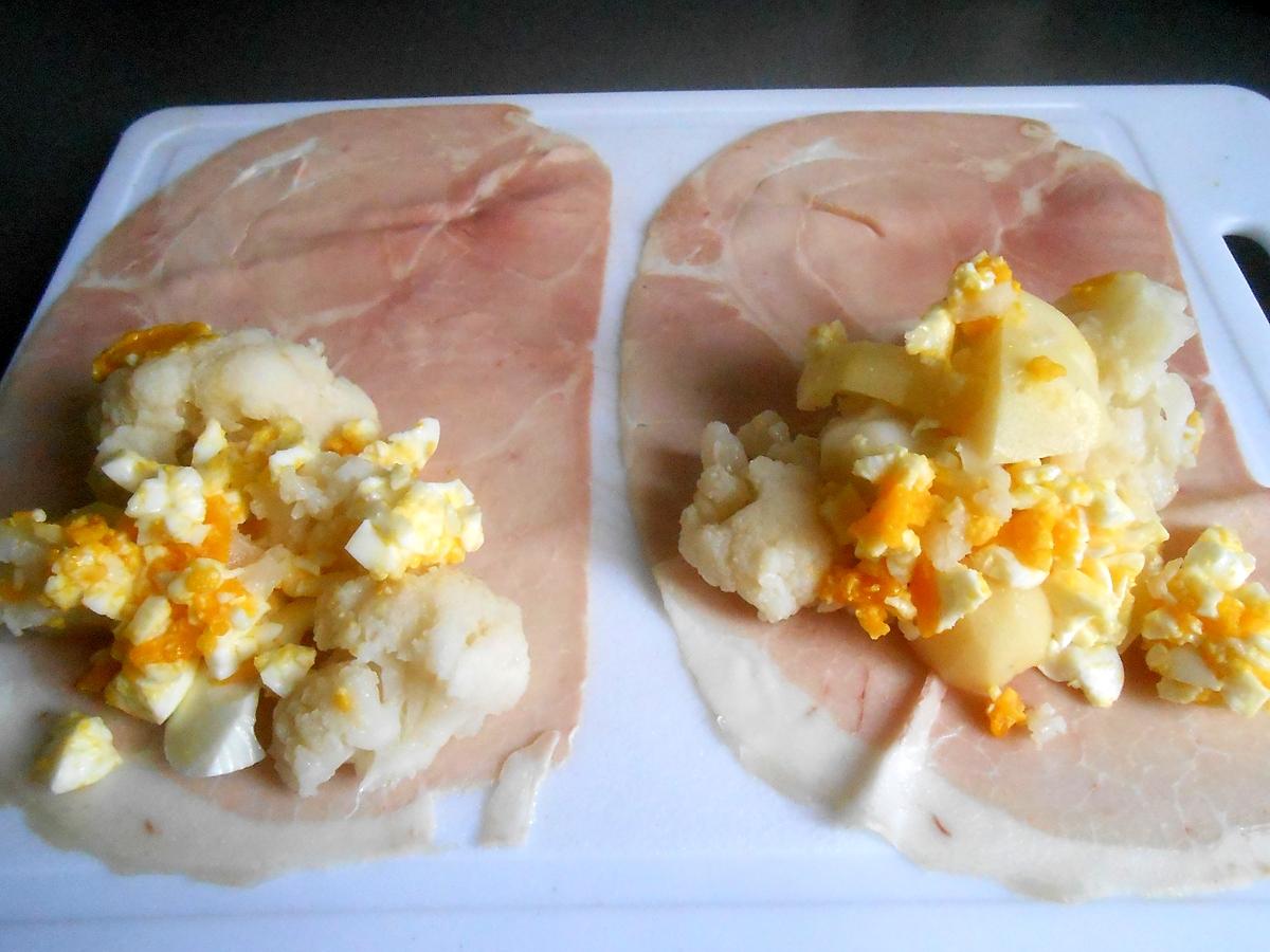 recette CHOU FLEUR MIMOSA AU JAMBON GRATINE