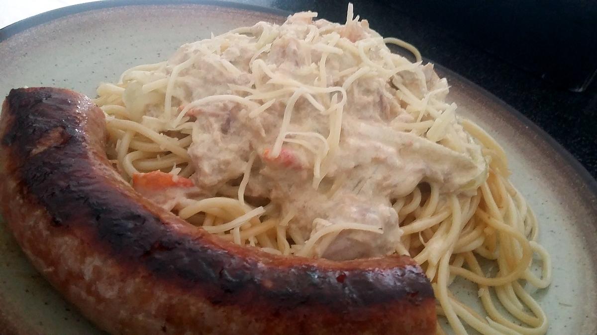 recette Spaghettis a la crème de thon a la moutarde et tomate