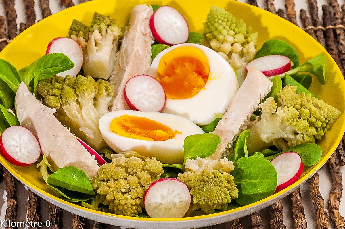 recette Salade de chou romanesco, poulet, oeuf et radis