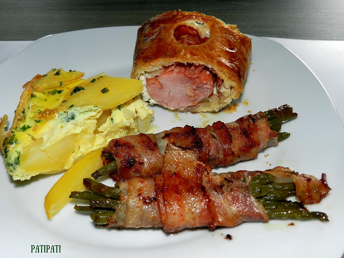 recette Filet pur porc ardennais en croûte farci au philadelfia fines herbes et sa part de gâteau escorté de fagôts de haricots lardés