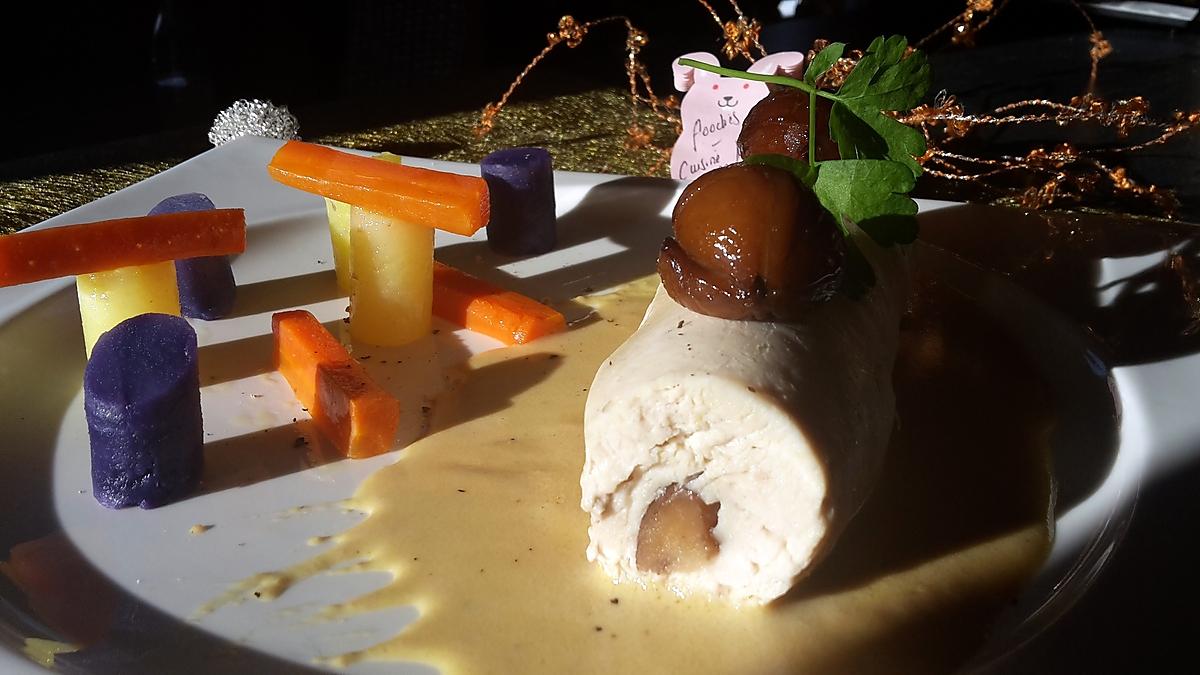 recette Ballotine de volaille farcie aux cèpes, châtaignes et foie gras, éclats de tonka