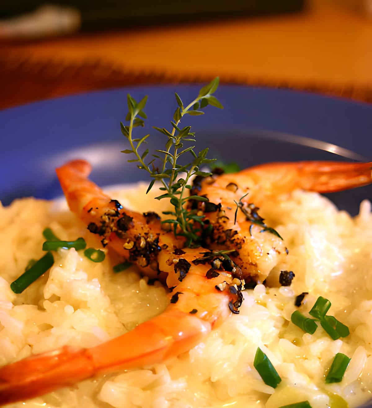 recette Risotto à la crème de noix de coco et gambas grillées au gros sel, poivre et thym