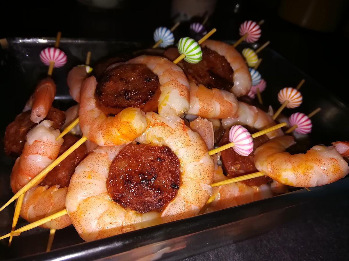 recette Piques de crevettes au chorizo