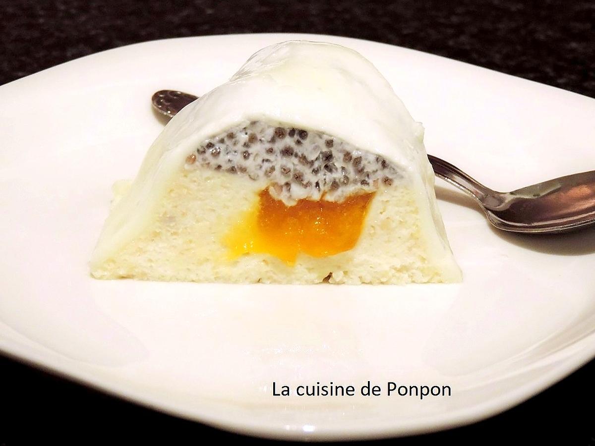 recette Blanc manger aux amandes avec des graines de chia au lait de coco et un insert à la mangue