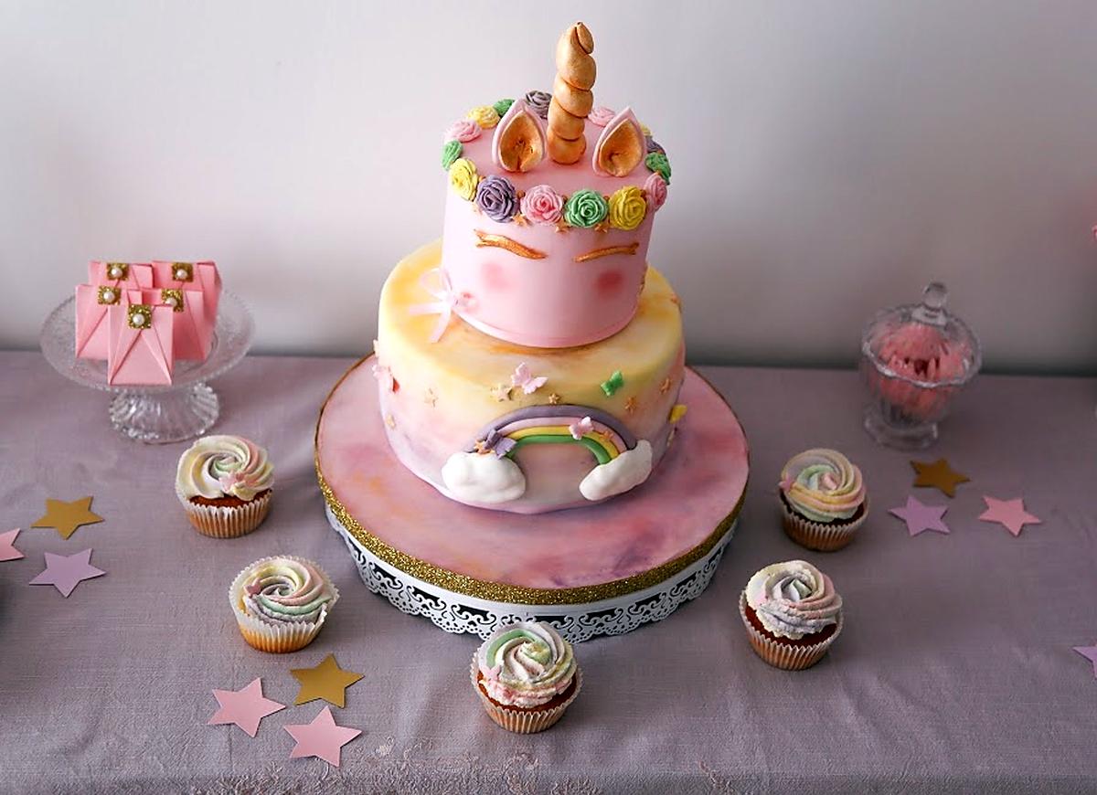 recette Buffet Anniversaire avec son wedding cake licorne et ses cupcakes colorés