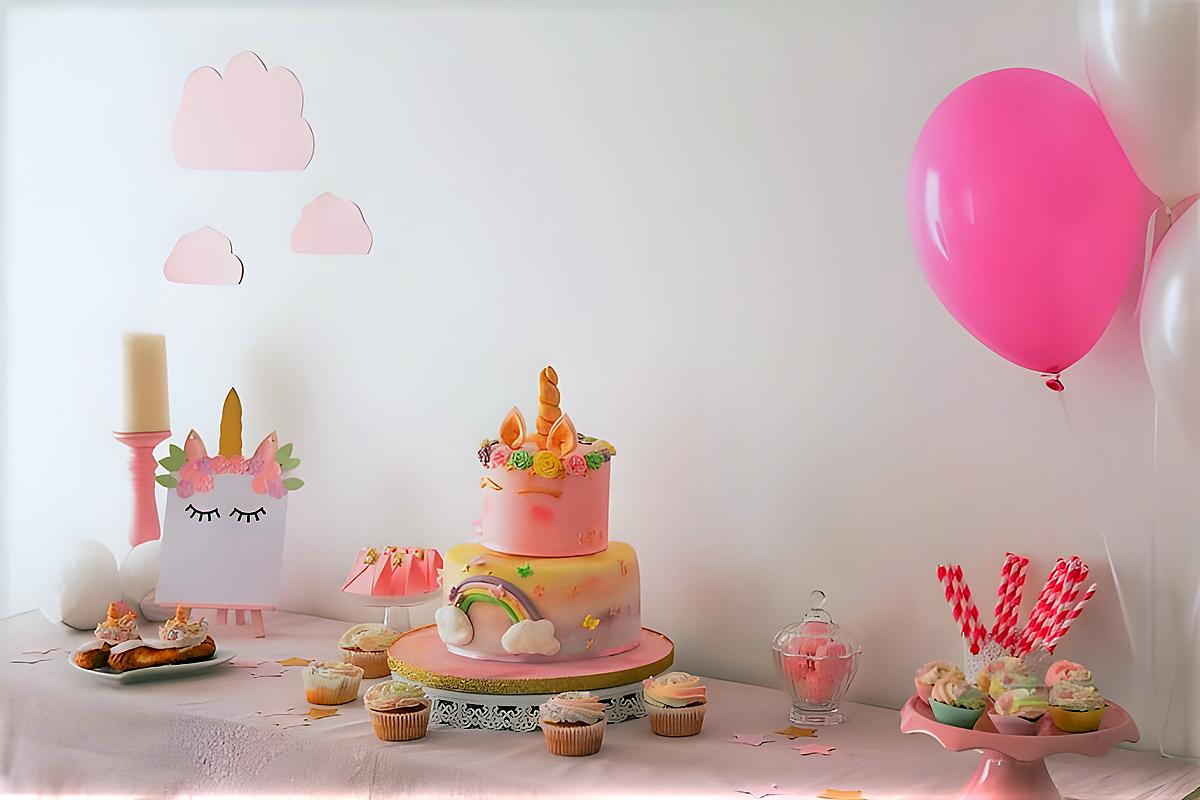 recette Buffet Anniversaire avec son wedding cake licorne et ses cupcakes colorés