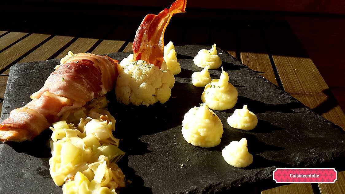 Recette de Saumon bardé de lard, purée de choux fleur et fondue de poireaux