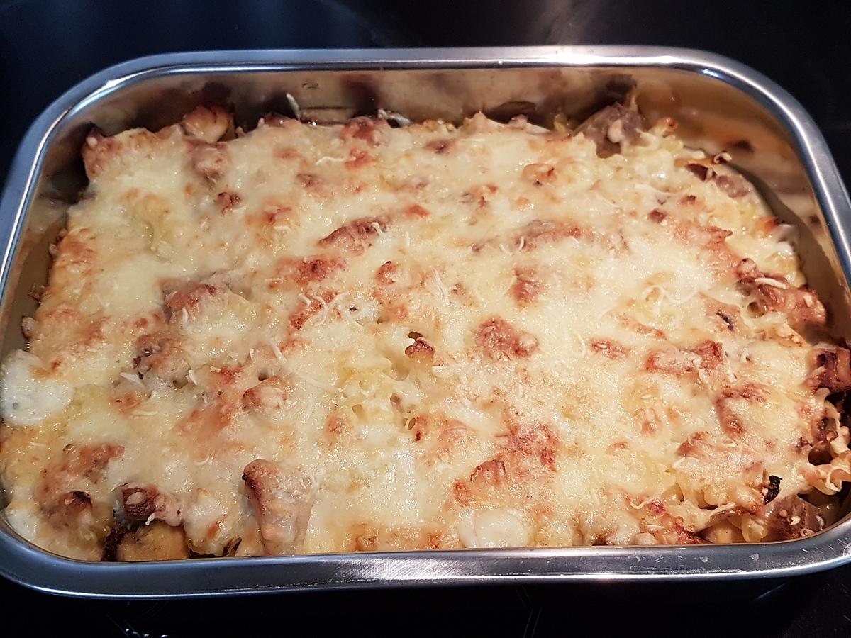 recette Gratin de torsettes au poulet, sauce béchamel au camembert