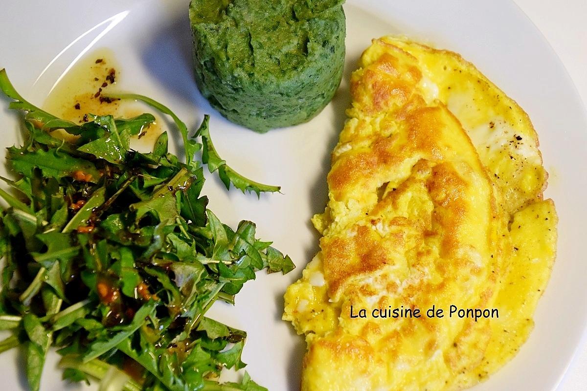 recette Salade de pissenlits, omelette et purée à la spiruline