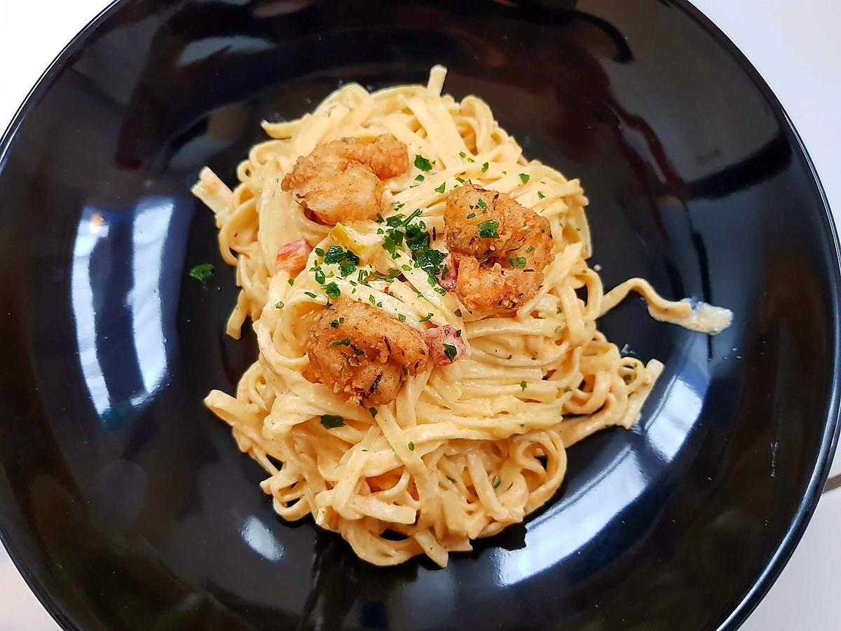 recette Fettuccinis à la crème et crevettes épicées