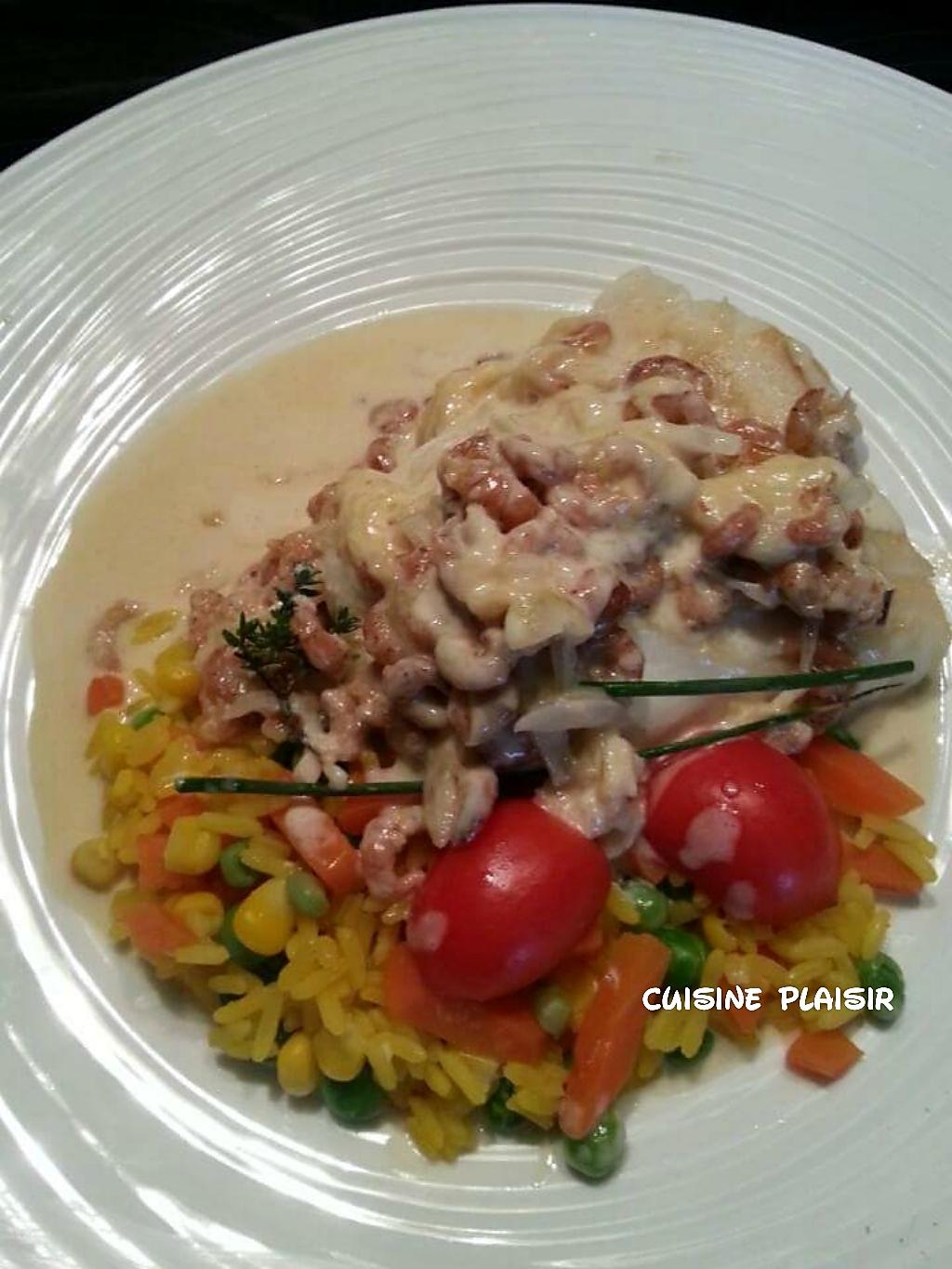 recette Dos de cabillaud sauce fromage et aux crevettes grises