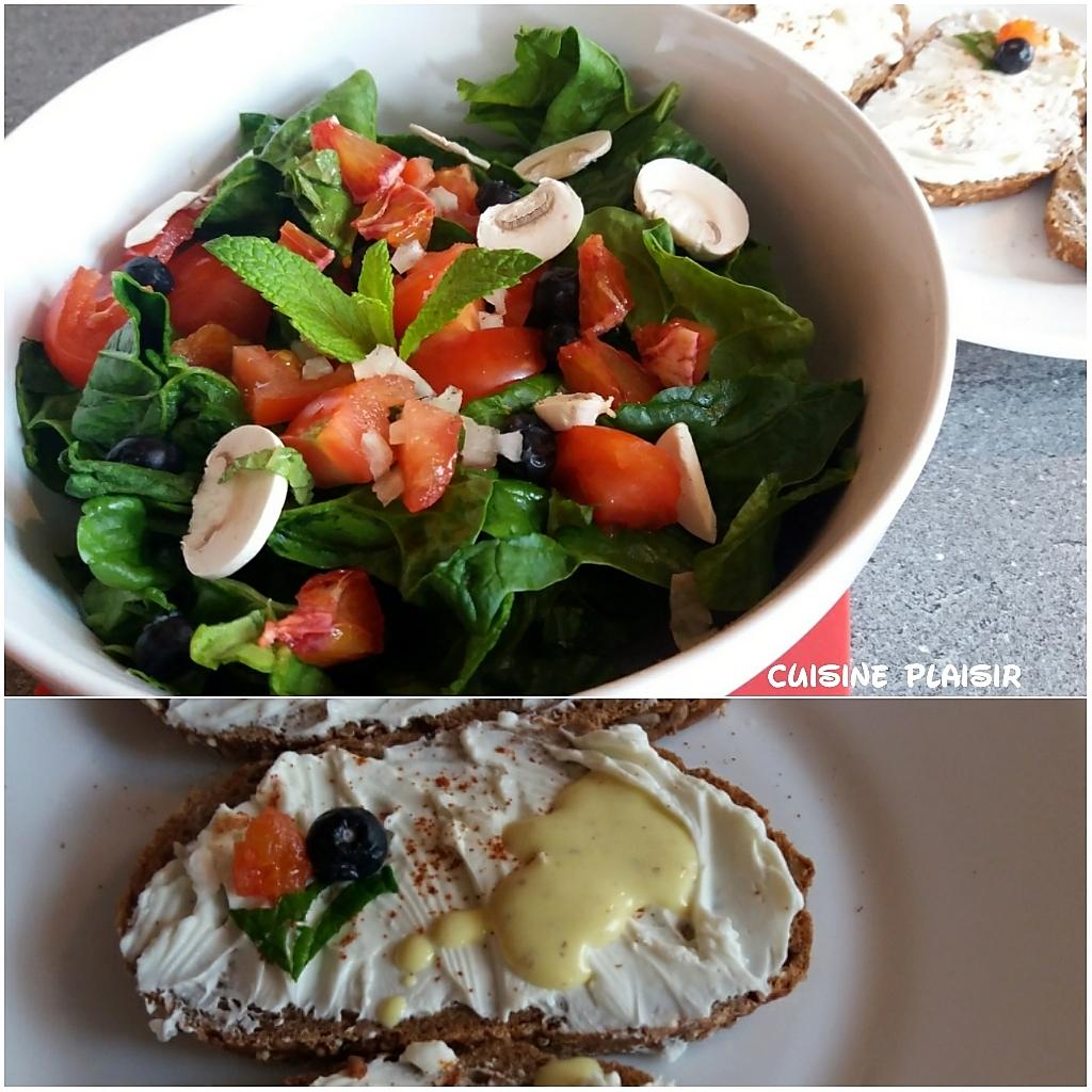 recette Salade composée (épinards, champignons, tomate, orange, myrtilles) sauce vinaigrette orange moutarde miel