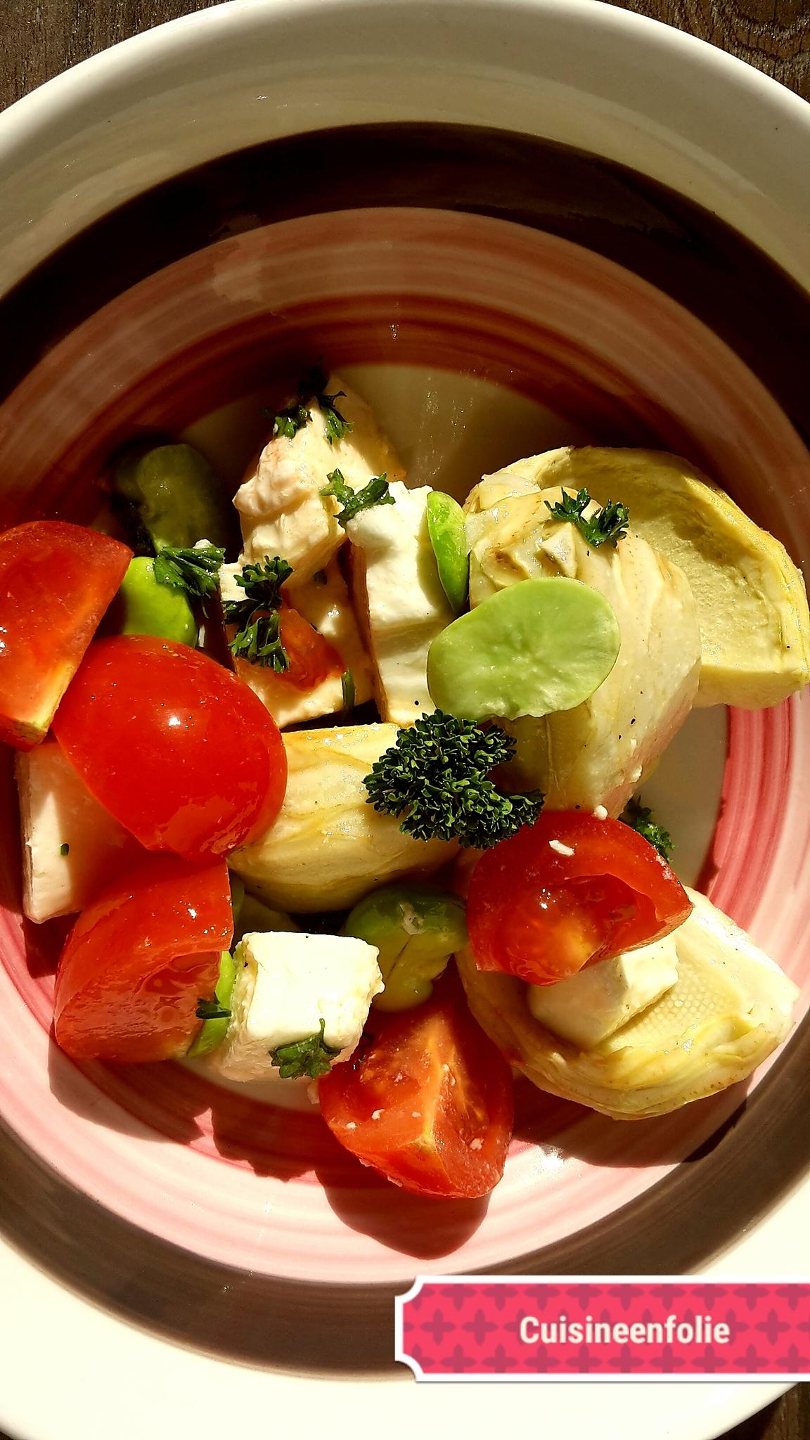 recette Salade d'artichauts, fèves, tomate mozzarella