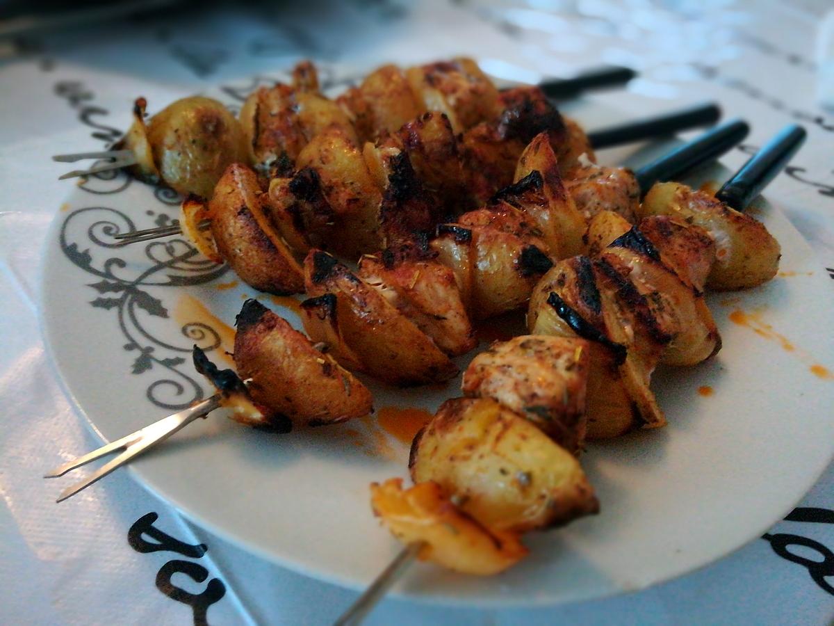 recette Brochettes de pomme de terre et porc mariné