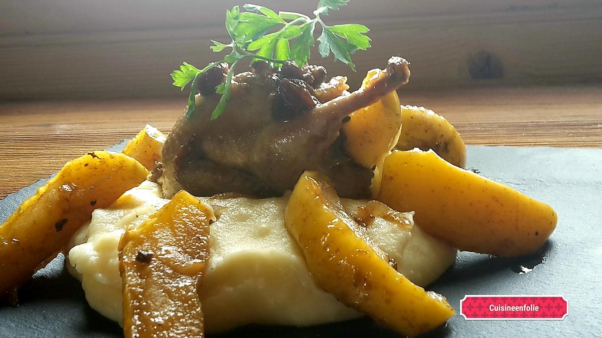 recette Caille au foie-gras pommes raisins flambée au calvados