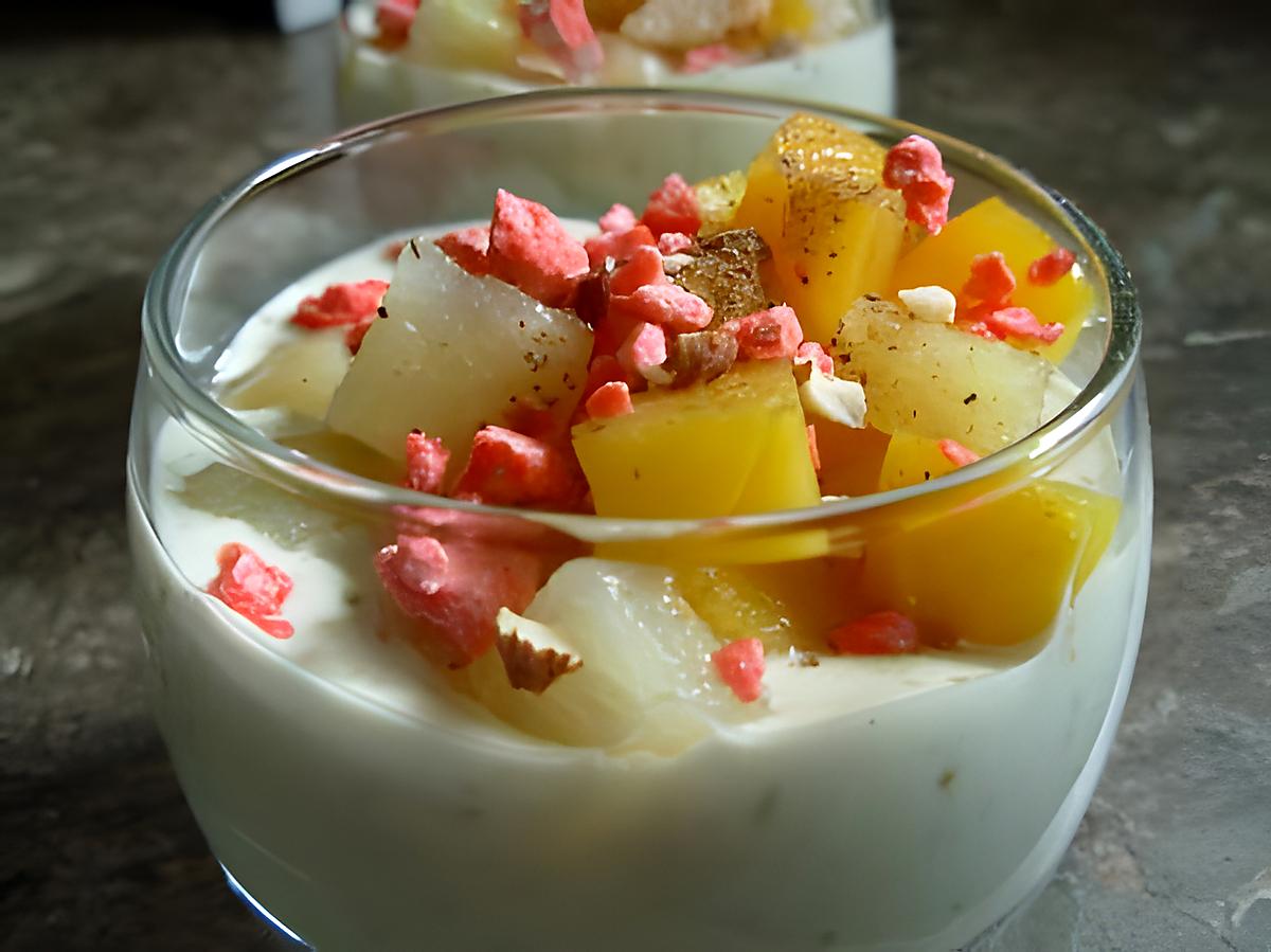 recette Fromage blanc à la cannelle et fruits mélangés.