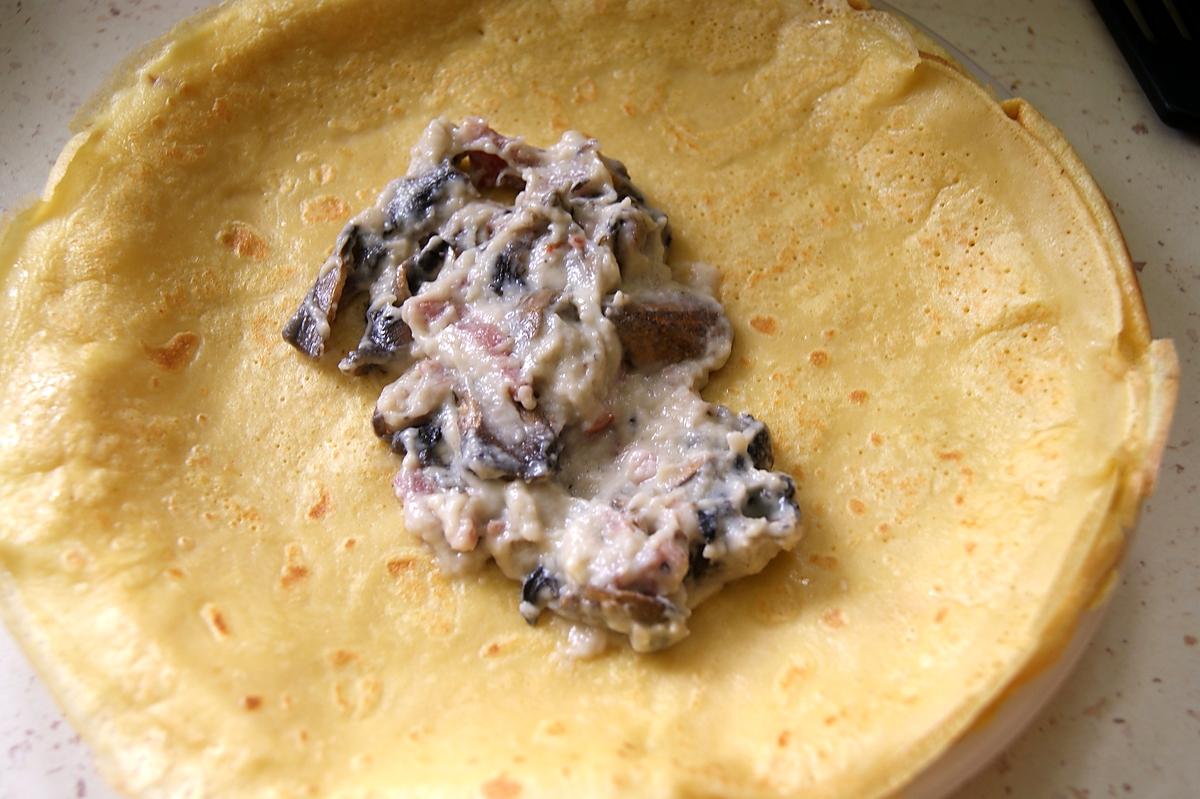 recette Crêpes à la bière fourrées champignons lardons