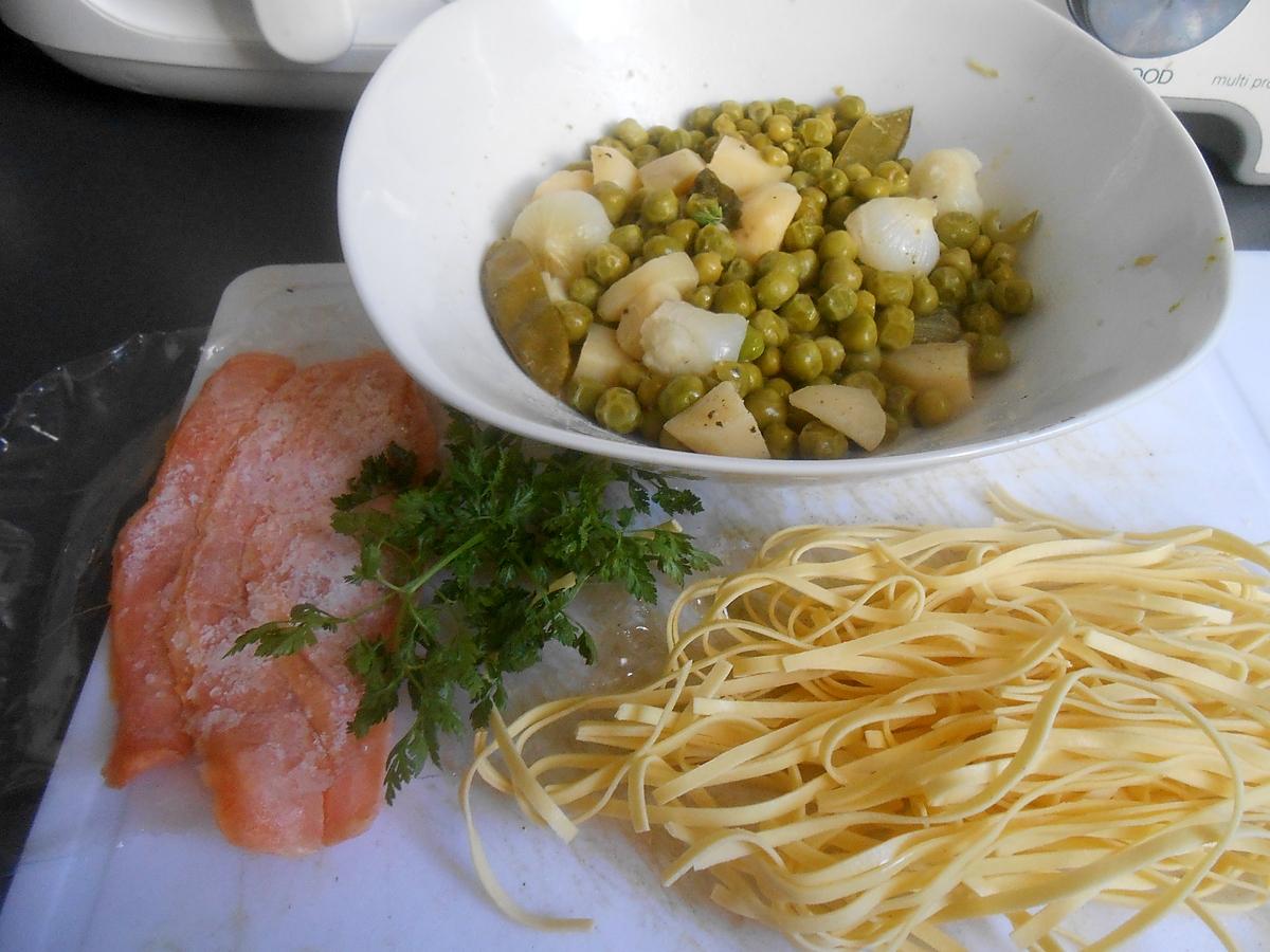 recette FETTUCCINI AU SAUMON ET PETITS LEGUMES