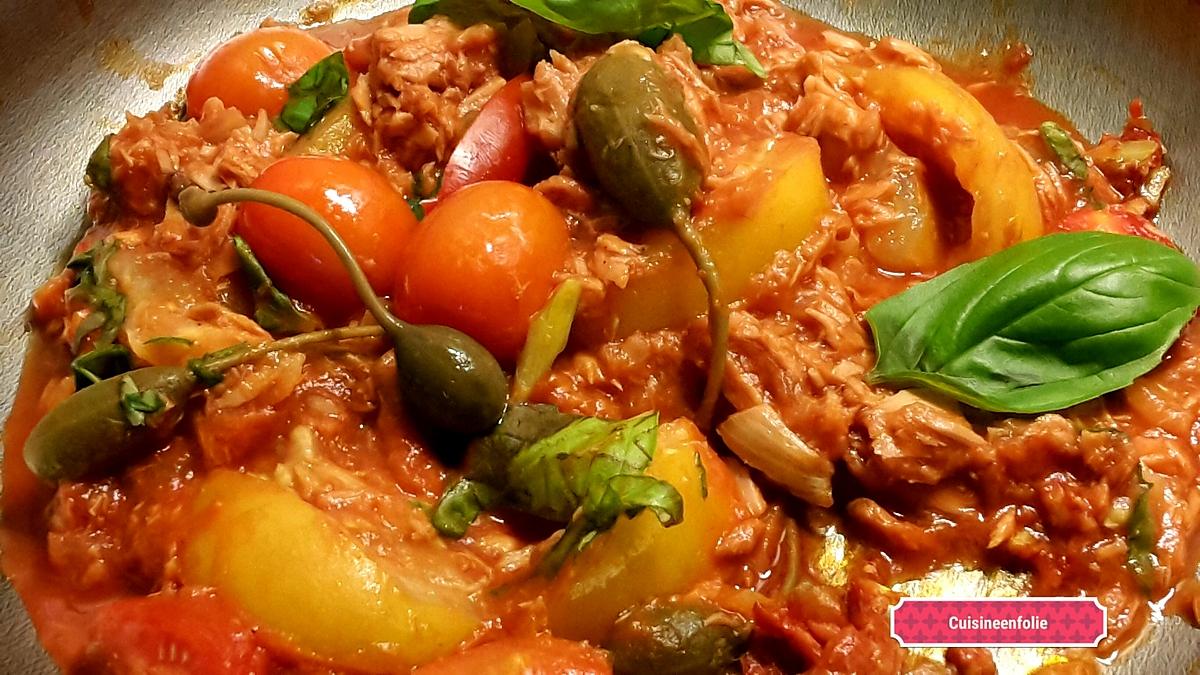 recette Pâtes au thon, tomates, câpres et basilic , un plat en 10min!!!!