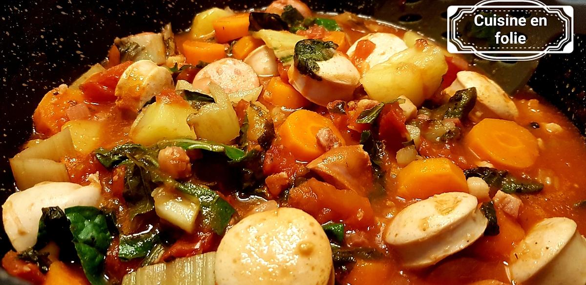 recette Mijoté de saucisses aux blettes, épinards et tomates