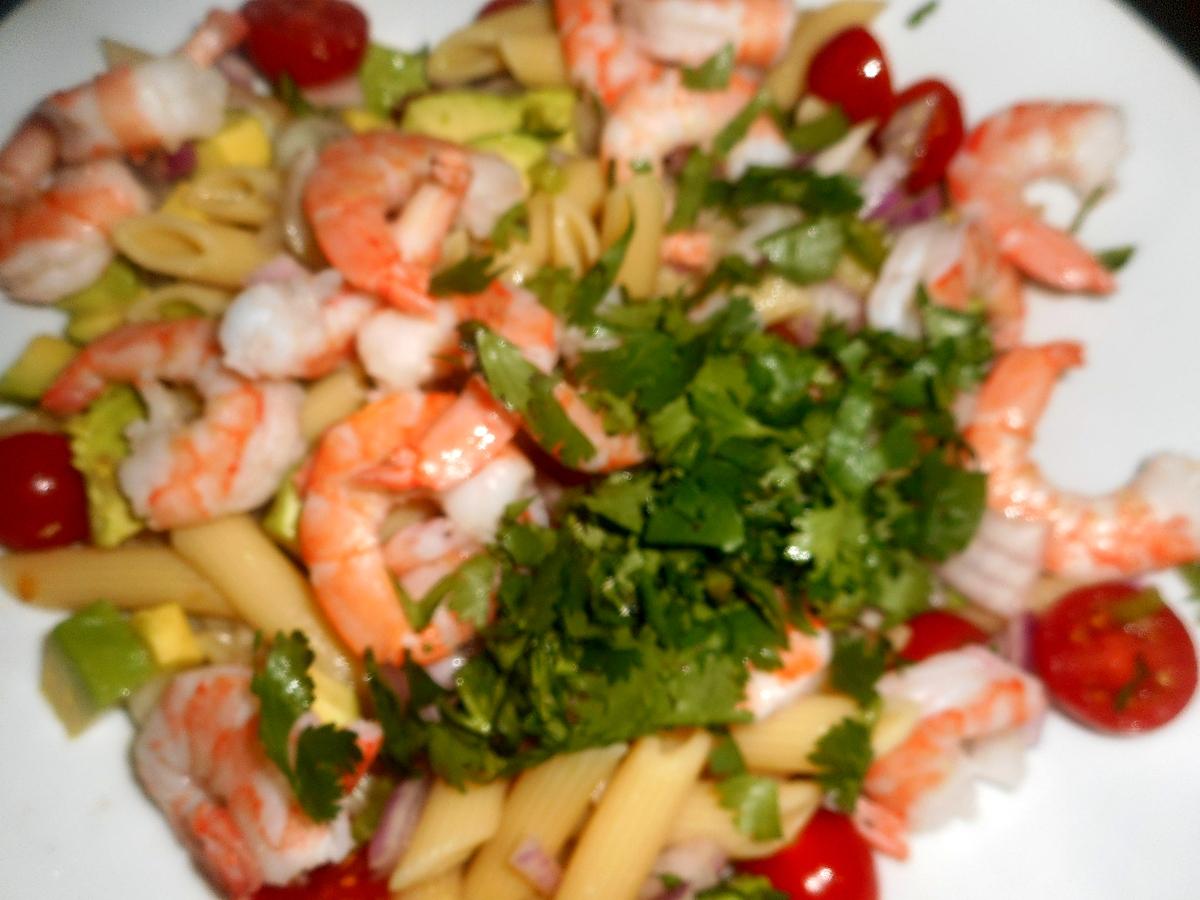 recette Salade de penne regate crevettes et avocat