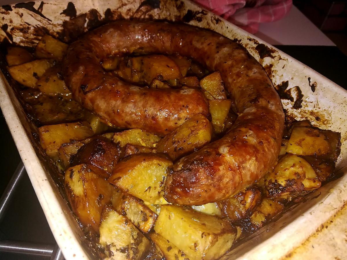 recette Saucisse de Toulouse et pomme de terre rôtis a la moutarde a la truffe