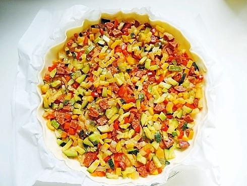 recette Tarte aux courgettes, poivron, oignon et chorizo