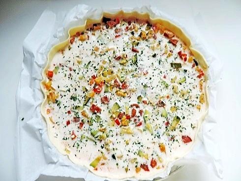 recette Tarte aux courgettes, poivron, oignon et chorizo