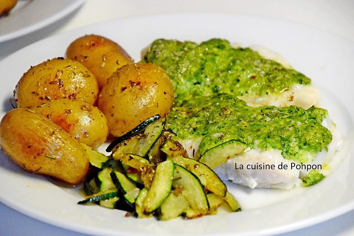 recette Filet de cabillaud au pesto de vert de courgette et pommes de terre grenaille