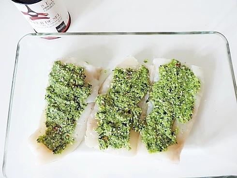 recette Filet de cabillaud au pesto de vert de courgette et pommes de terre grenaille