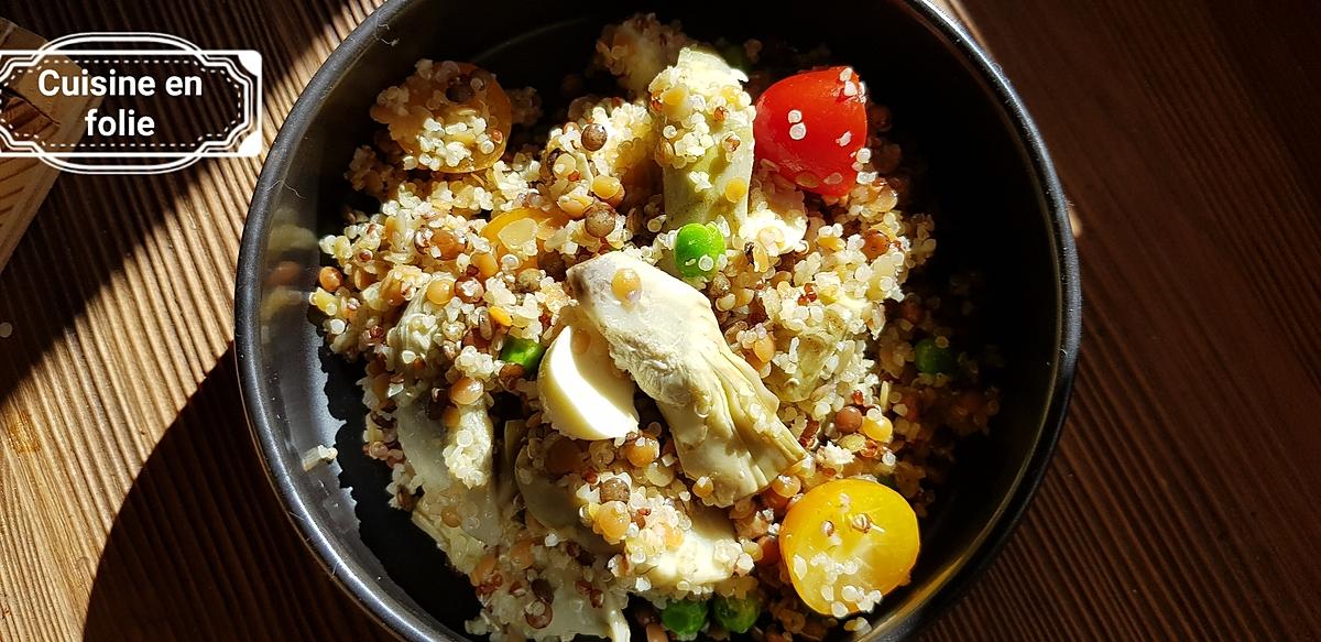 recette quinoa aux lentilles ,artichauts ,mozzarella,tomates et petits pois