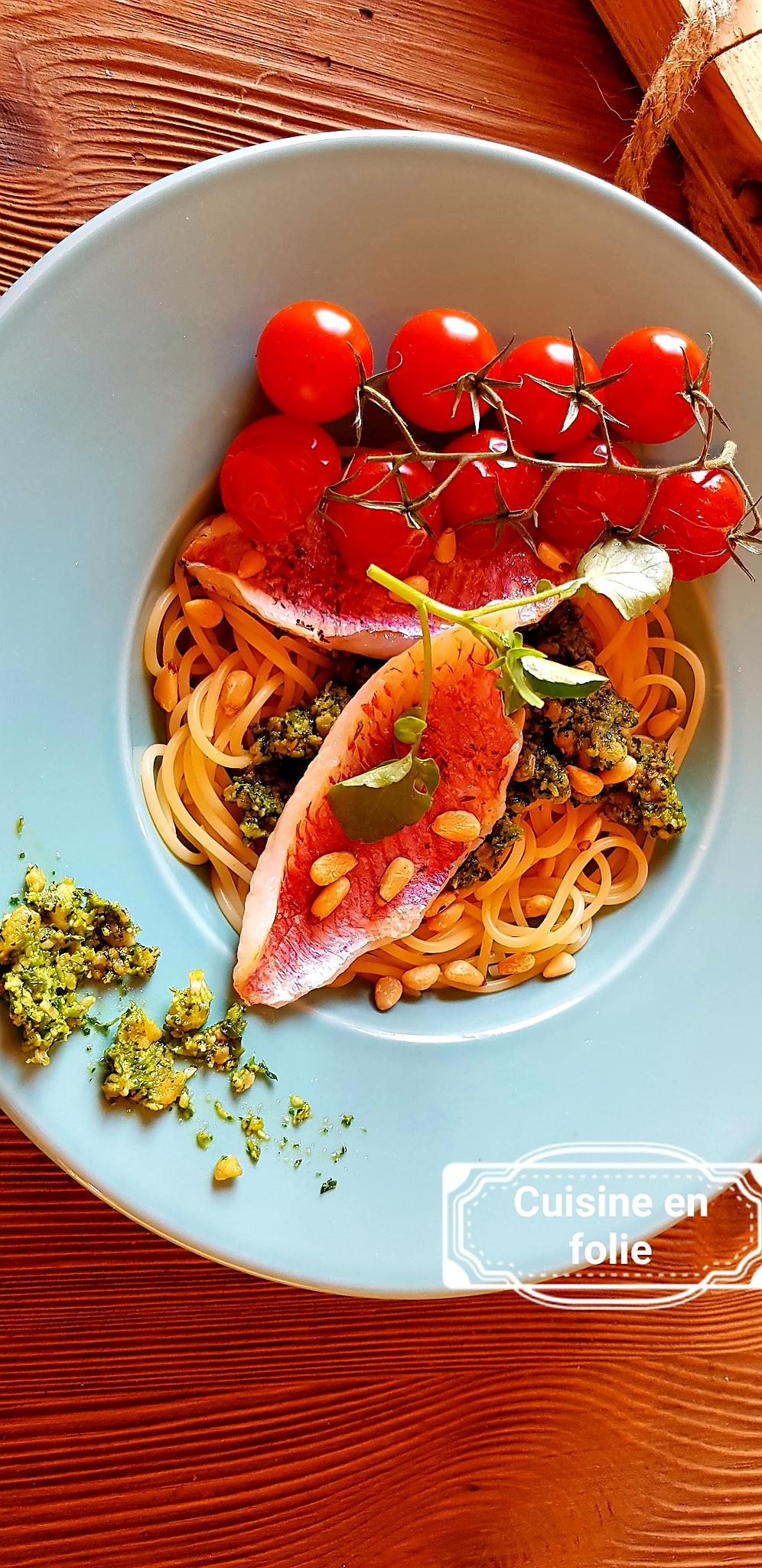 recette Filet de rouget au pesto de cresson, tomates confites