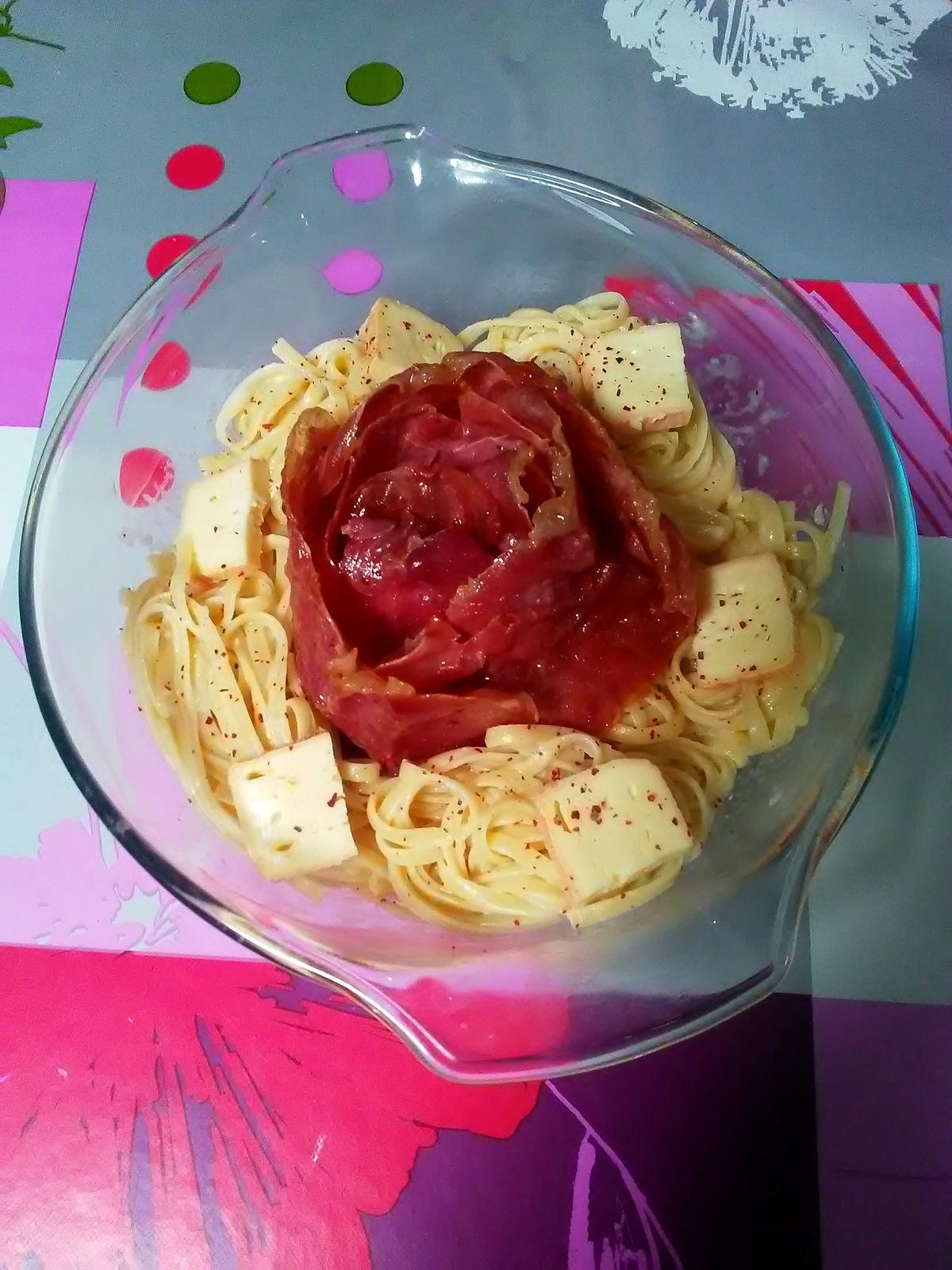 recette Délice de linguines au  maroilles et jambon cru   ..........   Recette de mon amis  Mamyloula