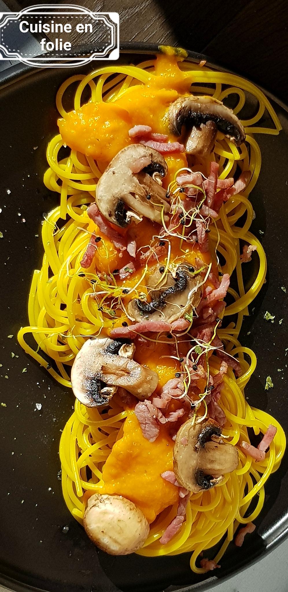 recette Pates au coulis de potiron, champignons et pancetta